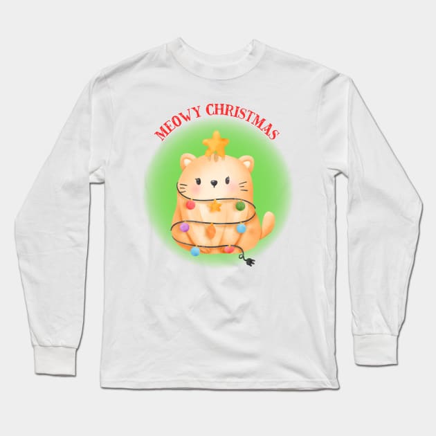 Cute Watercolor Cat Tangled in Christmas Lights Long Sleeve T-Shirt by JanesCreations